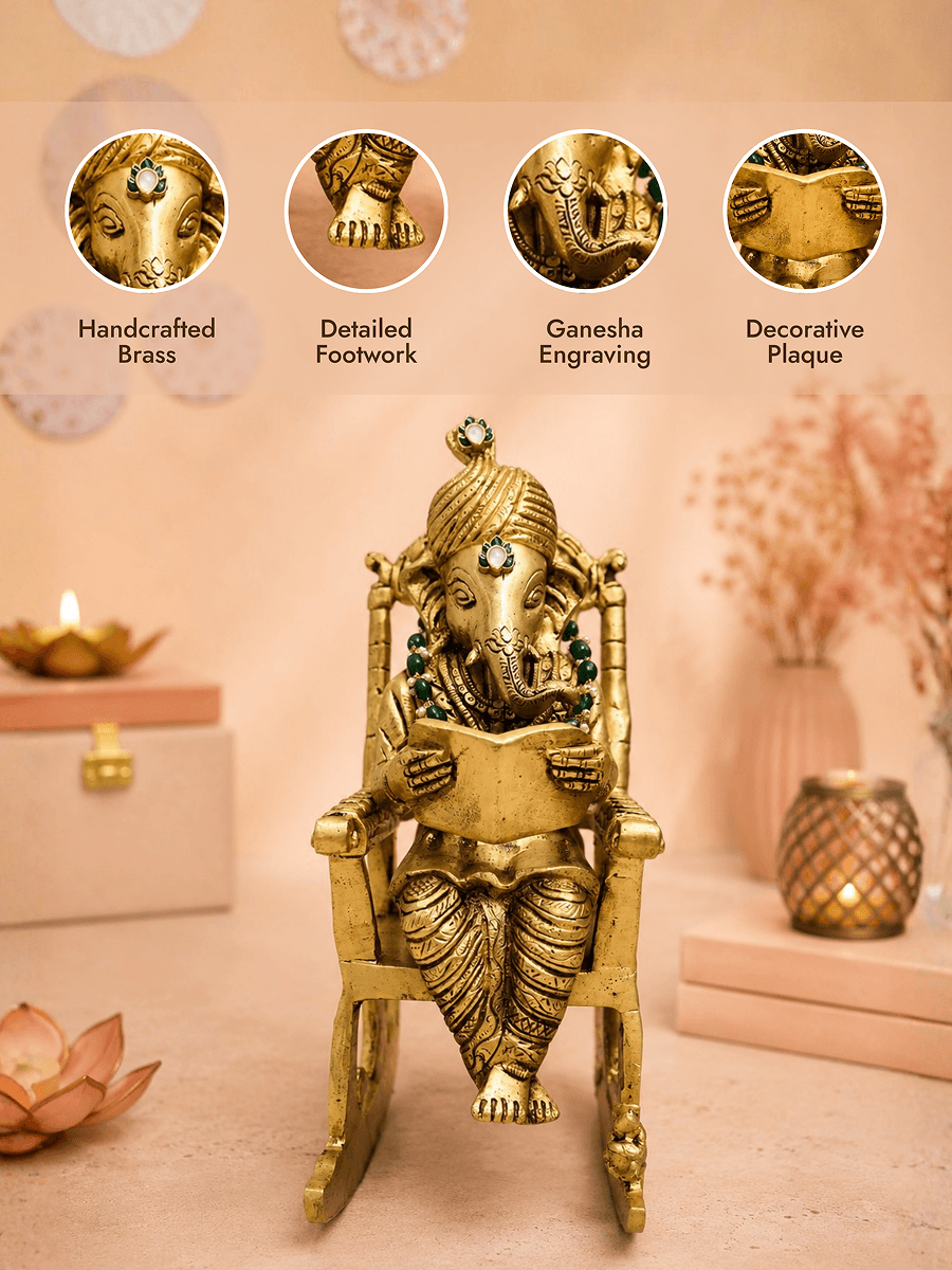 Brass Vidya Vinayak Ganesha Idol | Sitting on Swing Chair & Reading Ramayana for Wisdom, Education, Prosperity & Peaceful Vastu Energy