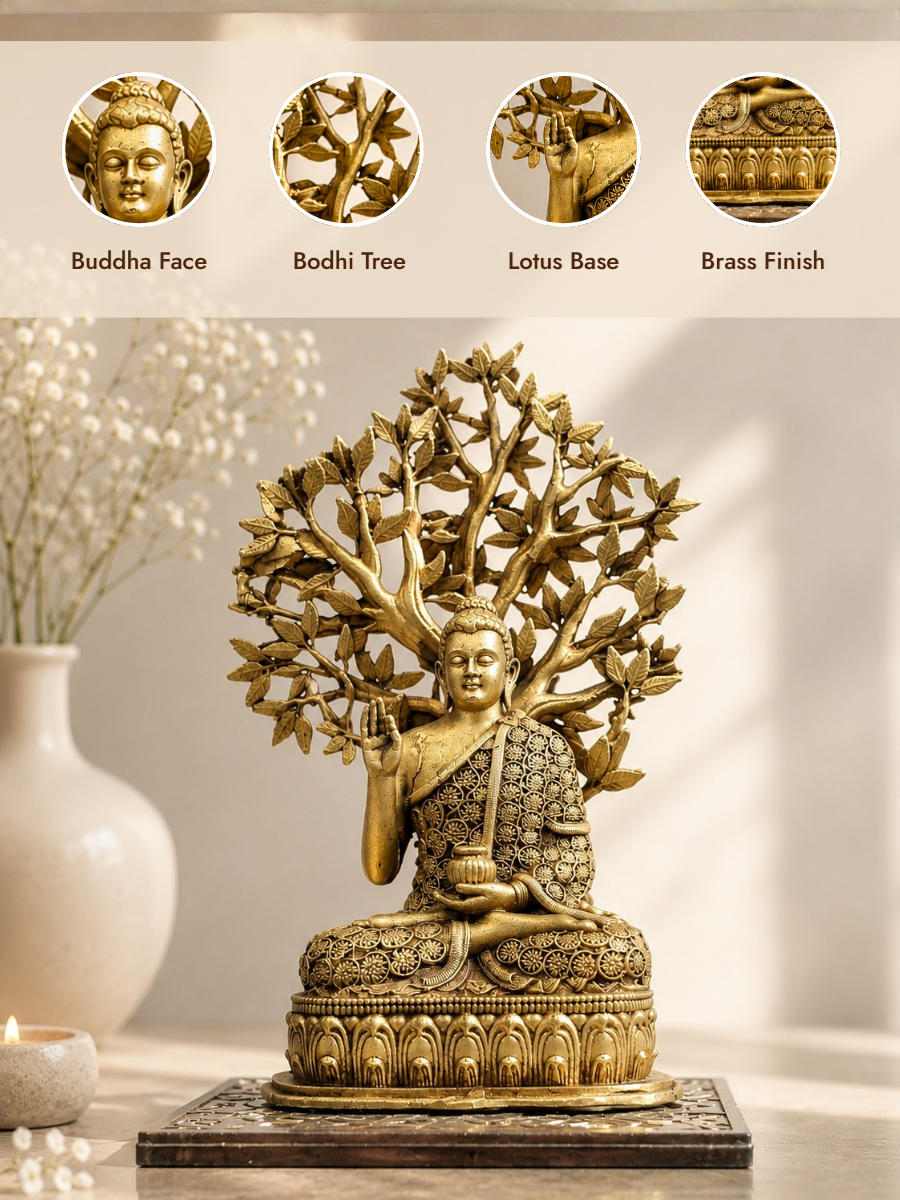 Buddha Under Bodhi Tree Antique Gold Finish Statue for Peaceful Home Decor