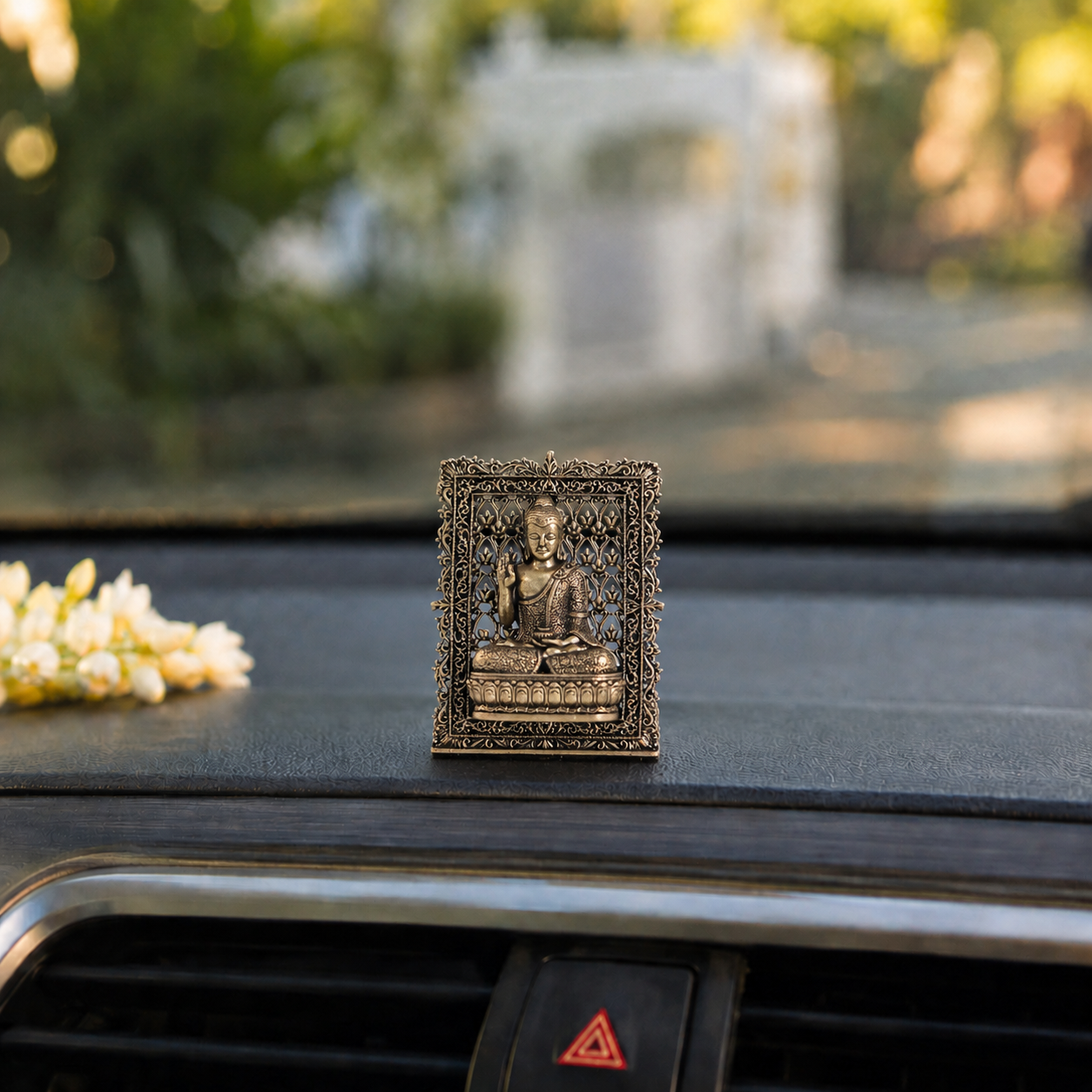 Brass Framed Buddha Idol for Car Dashboard (3 Inch)