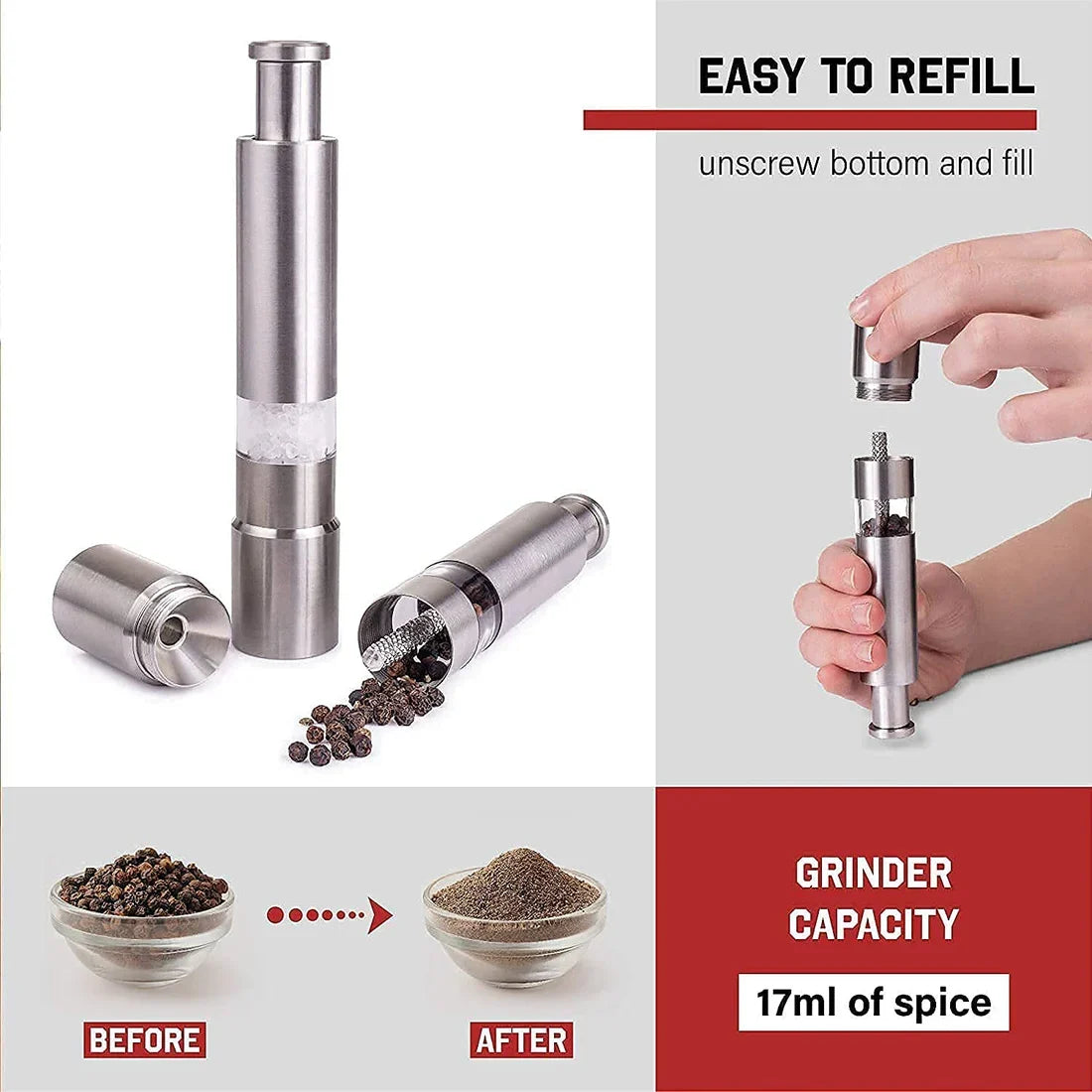 Thumb Press Grinder – Steel Salt & Pepper Mill