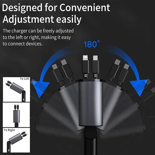 4 in 1 Retractable Car Charger - Super Fast Charging Dual USB Ports, Compatible with iPhone, iPad, Pixel, Tablets, Android Phones