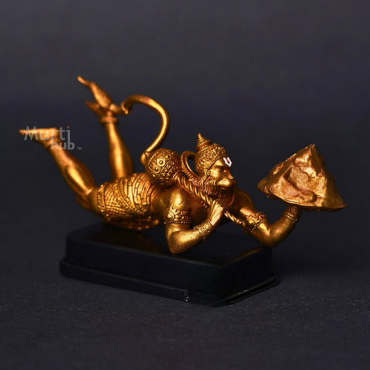 Sanjivani Hanuman in Action — Antique Gold | Flying Bajrangbali Idol for Car Dashboard