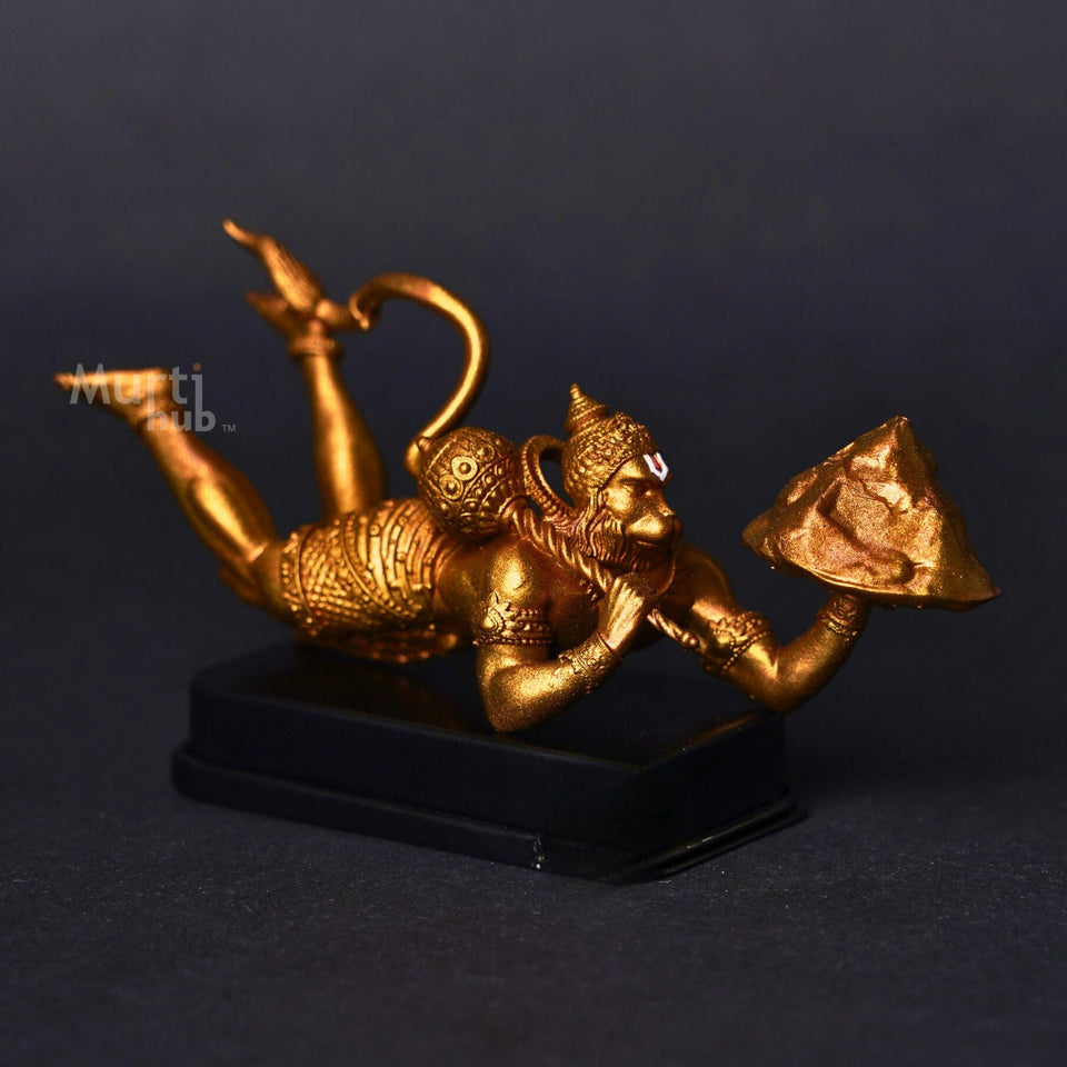 Sanjivani Hanuman in Action — Antique Gold | Flying Bajrangbali Idol for Car Dashboard
