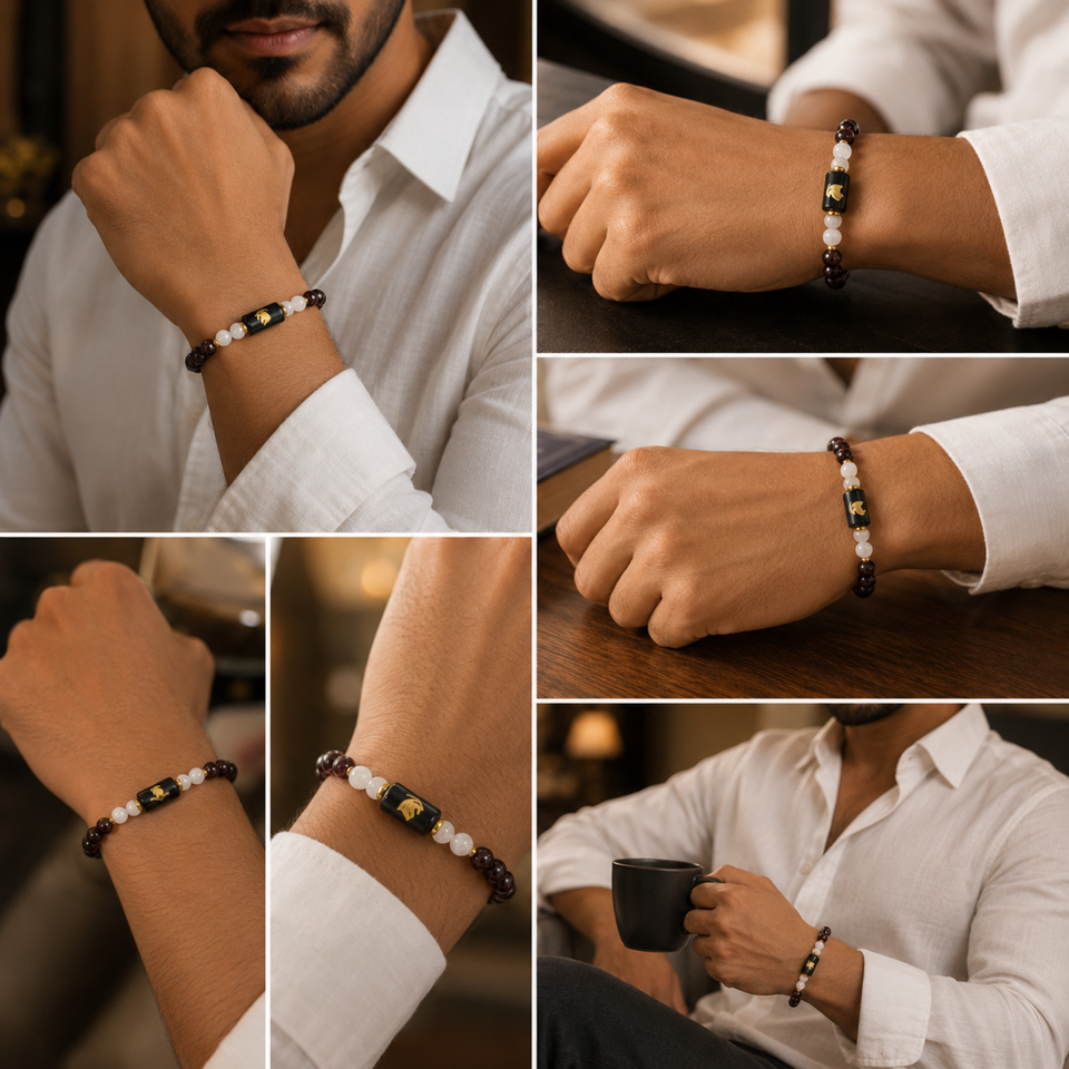 Capricorn (मकर राशि) Zodiac Garnet & Milky Quartz Bracelet