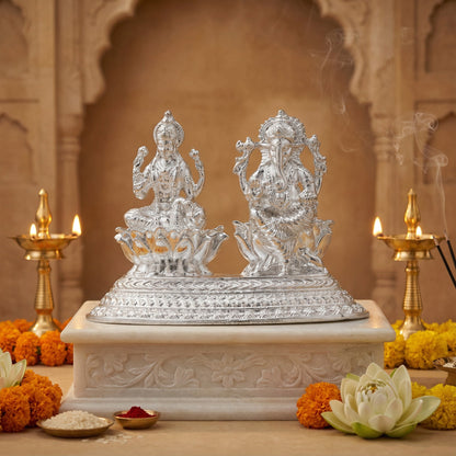 Brass Lakshmi Ganesh Idol in Silver Finish – Auspicious Home Décor & Gifting