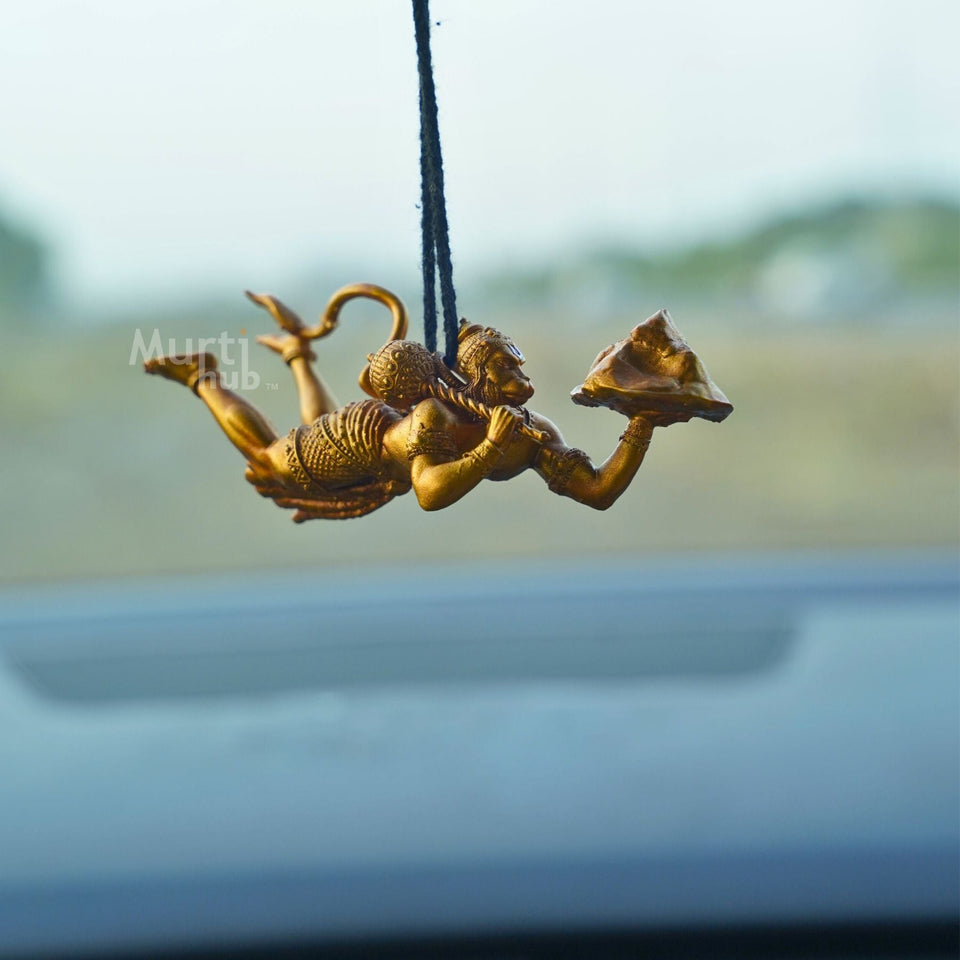 Sanjivani Hanuman in Action — Antique Gold | Flying Bajrangbali Idol for Car Dashboard