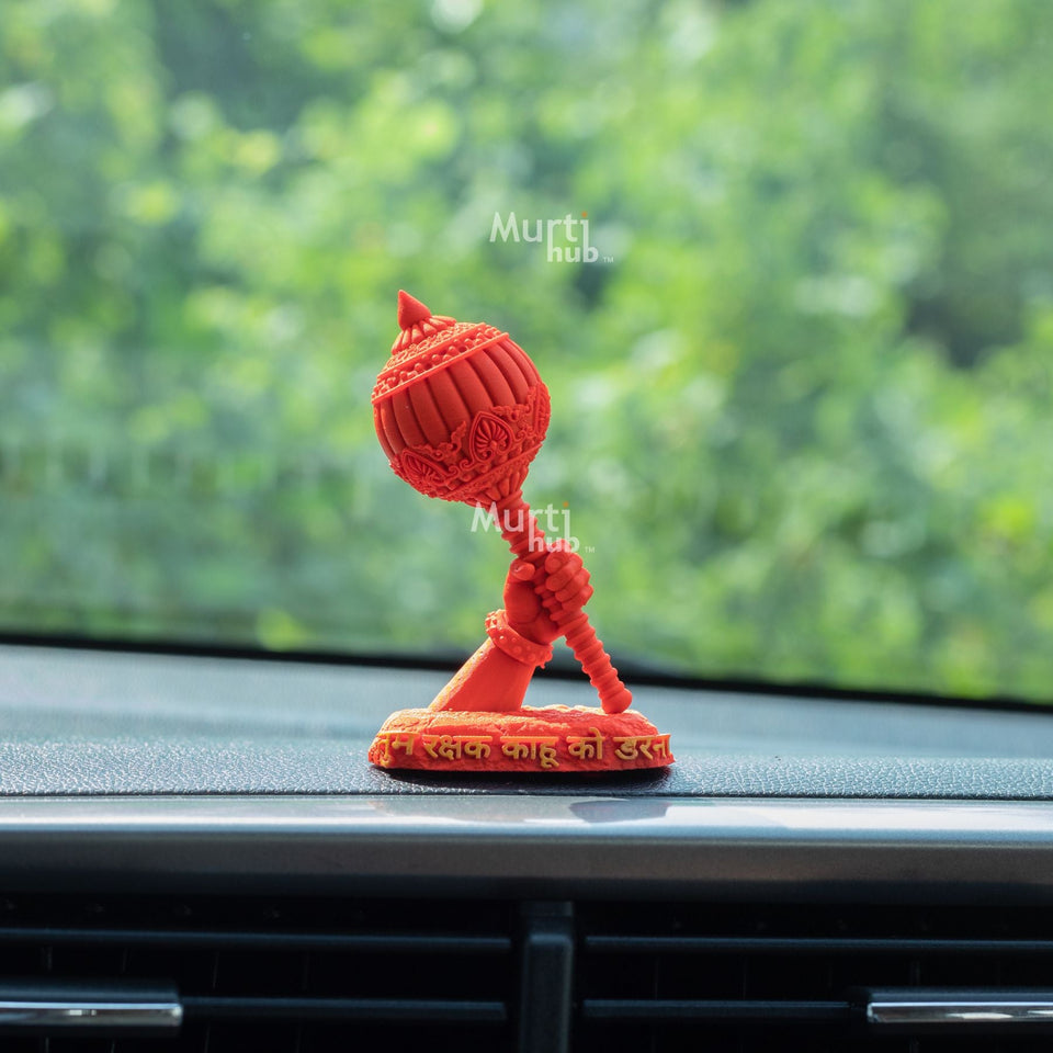 Hanuman Ji’s Gada — “Tum Rakshak Kahu Ko Darna” | Hand-Painted Idol for Car Dashboard