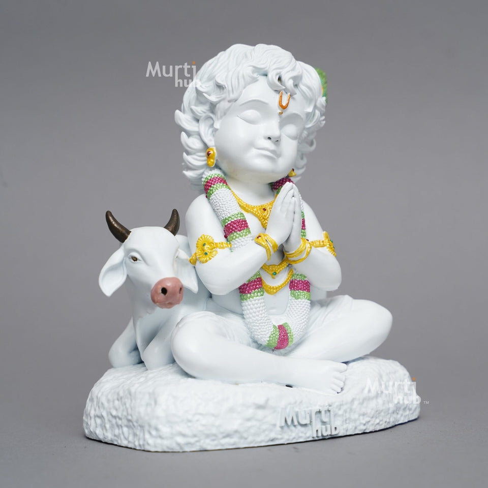 Baal Krishna with Cow — Divine Calm | Pure White Hand-Finished Idol for Home & Gift