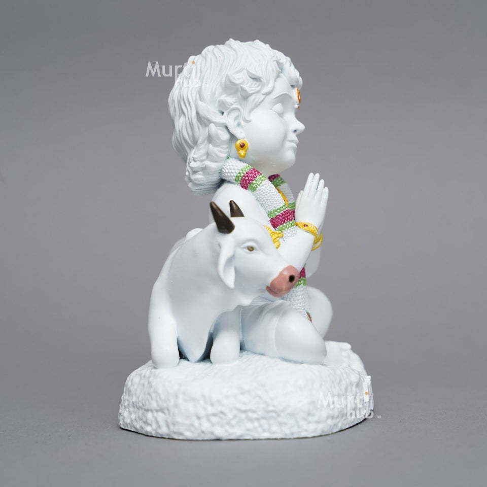 Baal Krishna with Cow — Divine Calm | Pure White Hand-Finished Idol for Home & Gift