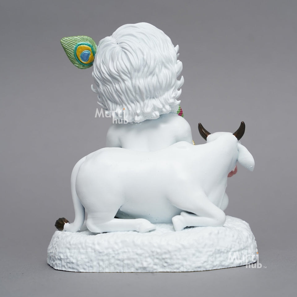 Baal Krishna with Cow — Divine Calm | Pure White Hand-Finished Idol for Home & Gift