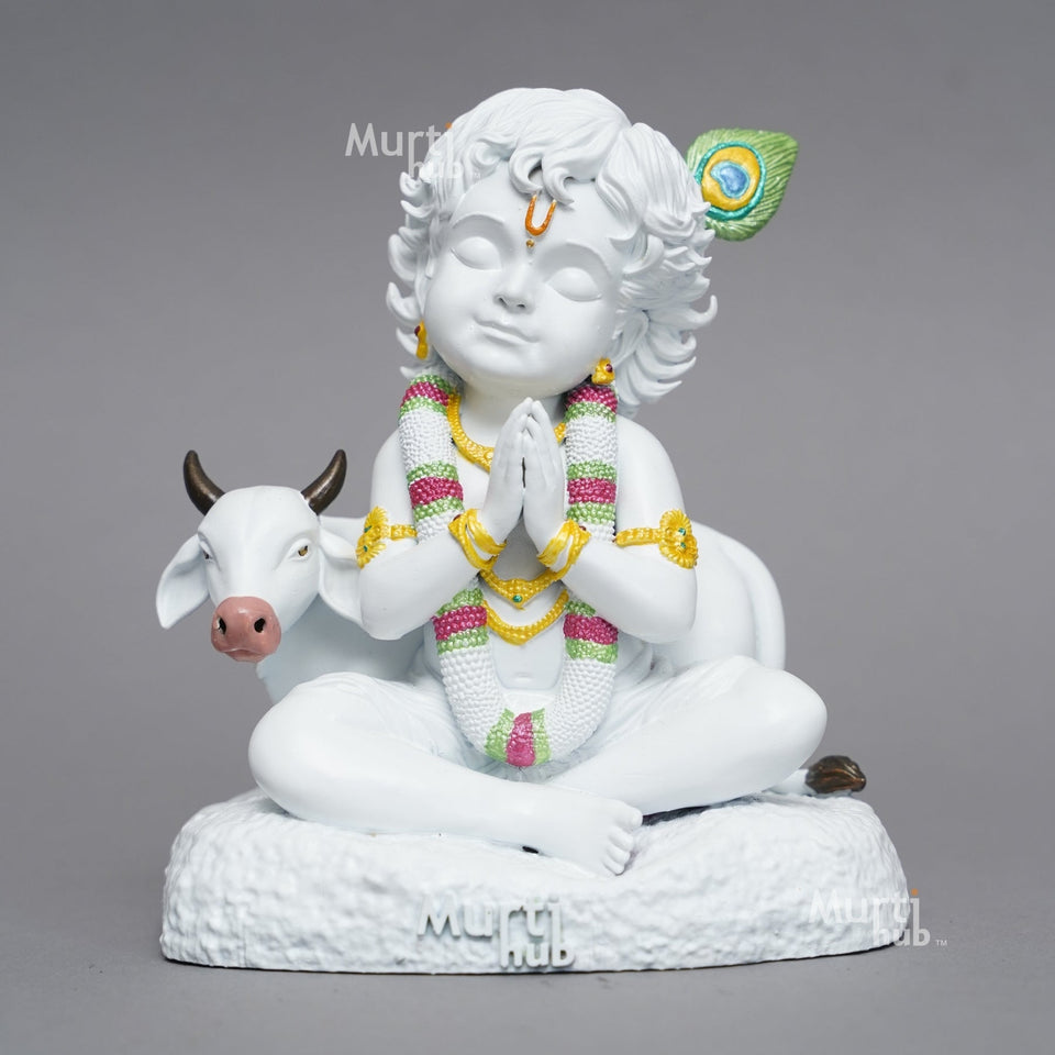 Baal Krishna with Cow — Divine Calm | Pure White Hand-Finished Idol for Home & Gift