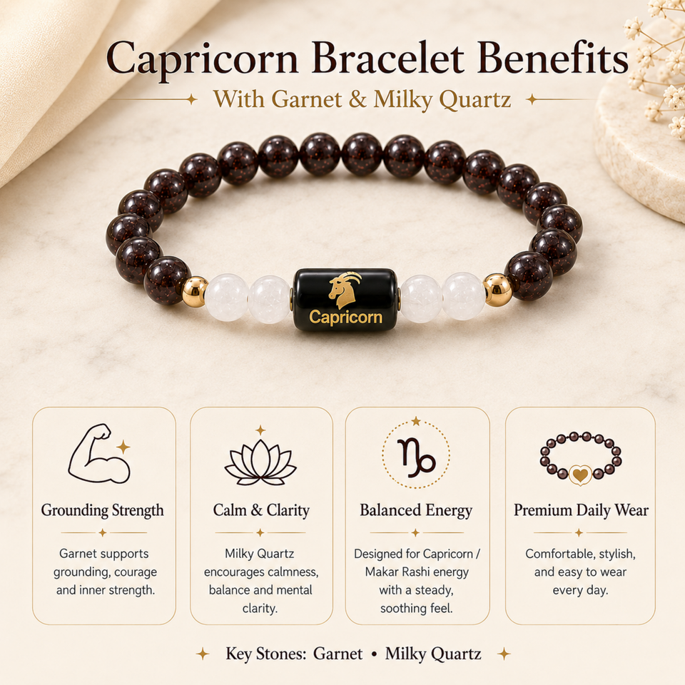 Capricorn (मकर राशि) Zodiac Garnet & Milky Quartz Bracelet