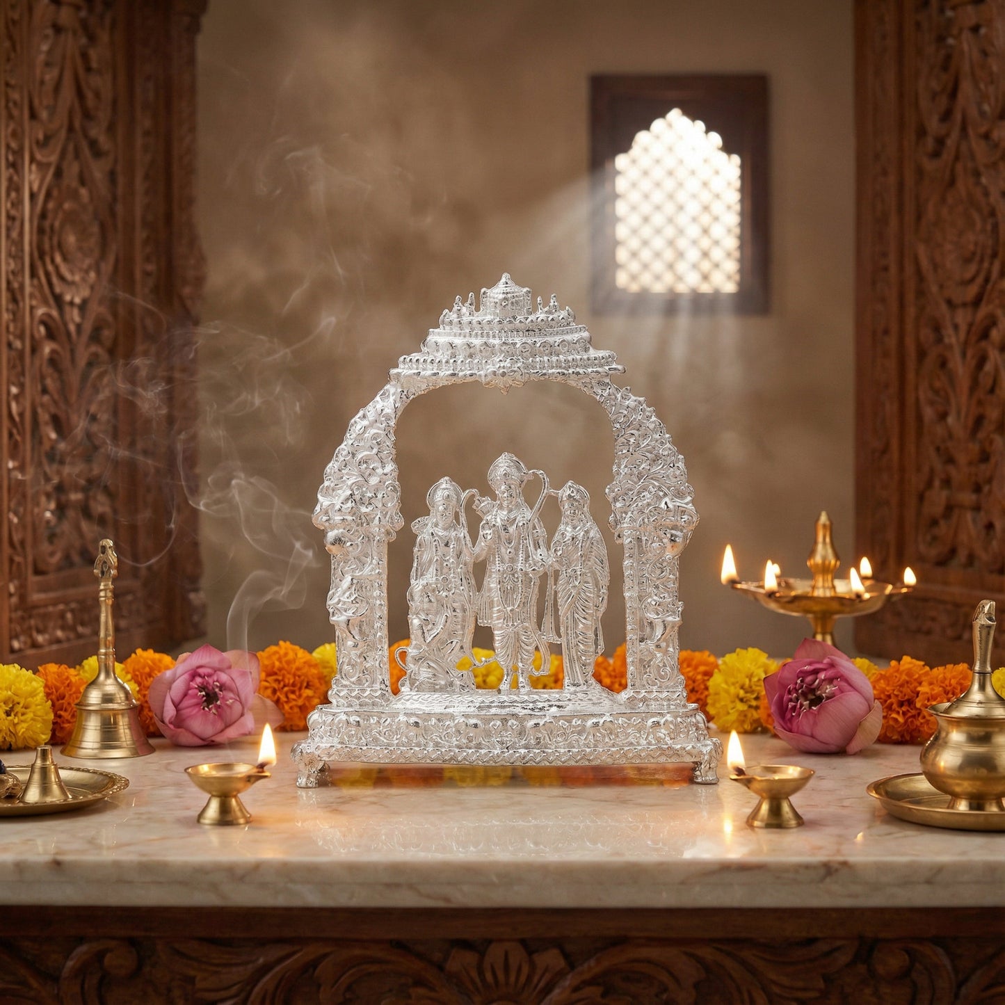Ram Darbar Idol with Ornate Arch – Handcrafted Shri Ram, Sita, Lakshman & Hanuman Murti