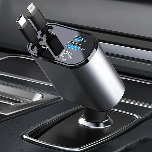 4 in 1 Retractable Car Charger - Super Fast Charging Dual USB Ports, Compatible with iPhone, iPad, Pixel, Tablets, Android Phones