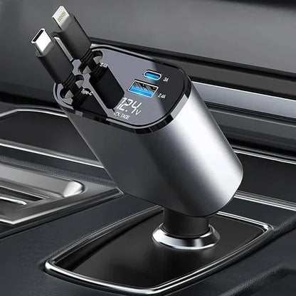 4 in 1 Retractable Car Charger - Super Fast Charging Dual USB Ports, Compatible with iPhone, iPad, Pixel, Tablets, Android Phones