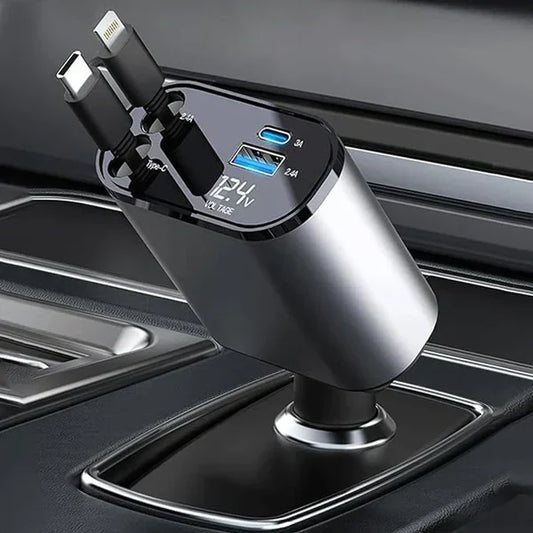 4 in 1 Retractable Car Charger - Super Fast Charging Dual USB Ports, Compatible with iPhone, iPad, Pixel, Tablets, Android Phones