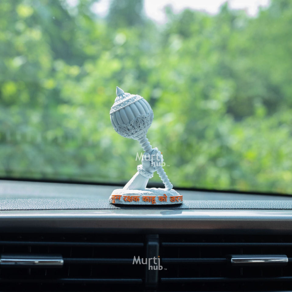 Hanuman Ji’s Gada — “Tum Rakshak Kahu Ko Darna” | Hand-Painted Idol for Car Dashboard