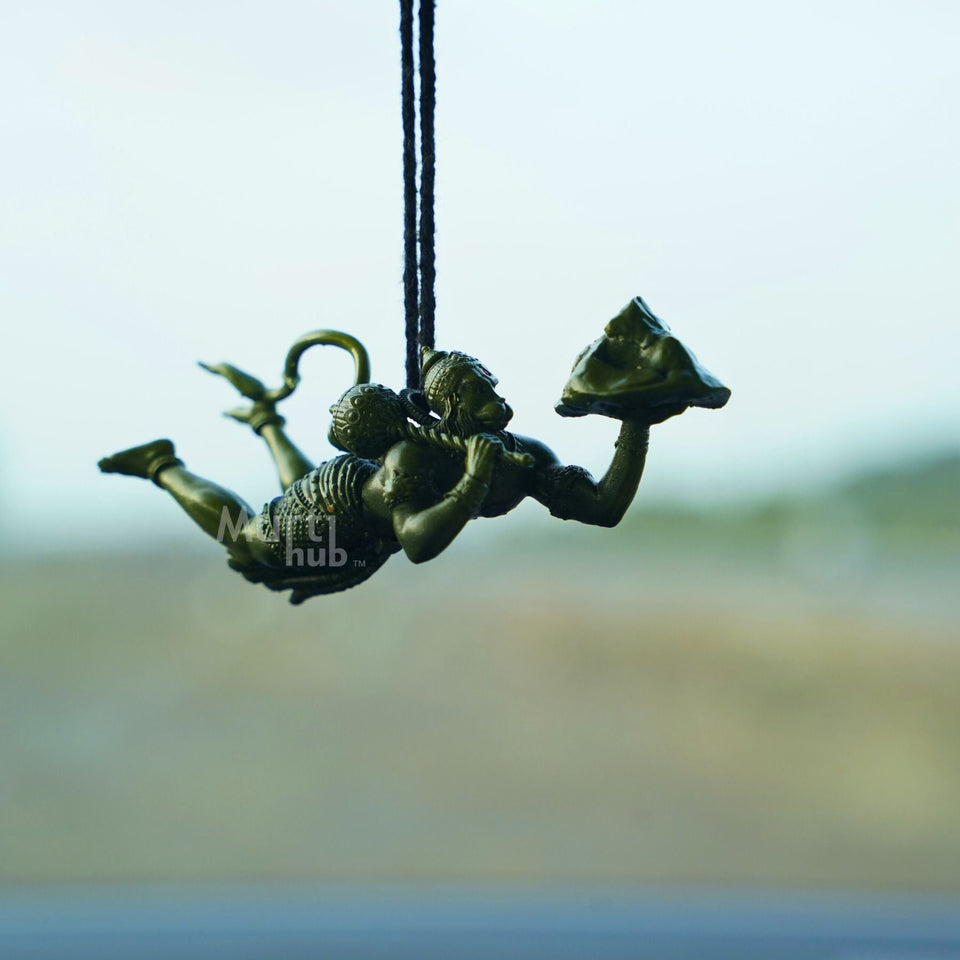 Sanjivani Hanuman in Action — Antique Gold | Flying Bajrangbali Idol for Car Dashboard