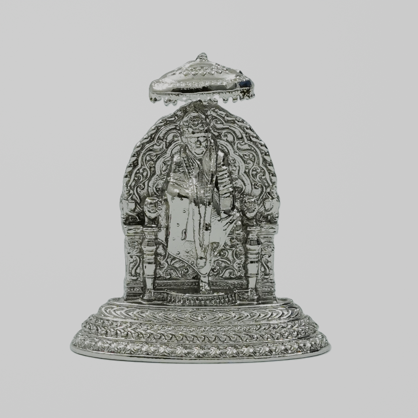 Shirdi Sai Baba Idol with Ornate Back Panel & Chhatra – Handcrafted Murti for Pooja & Gifting