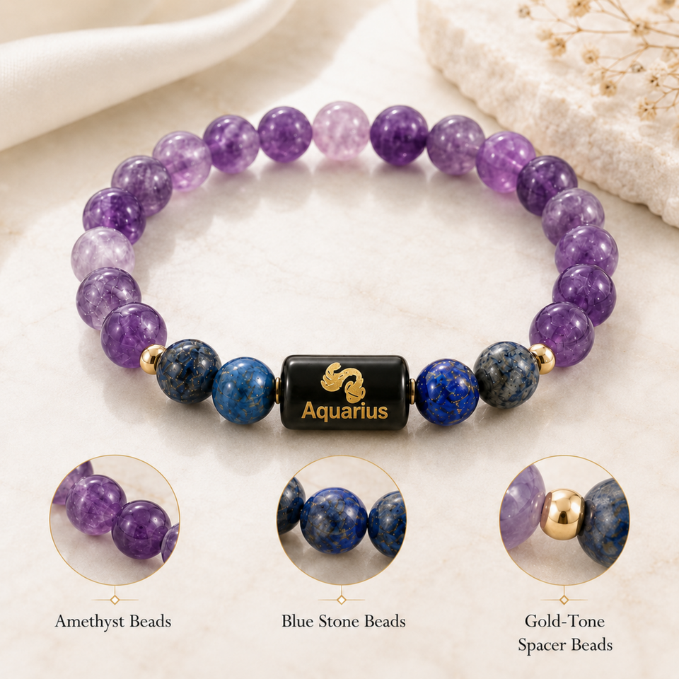 Aquarius (कुंभ राशि) Zodiac Amethyst & Blue Stone Bracelet