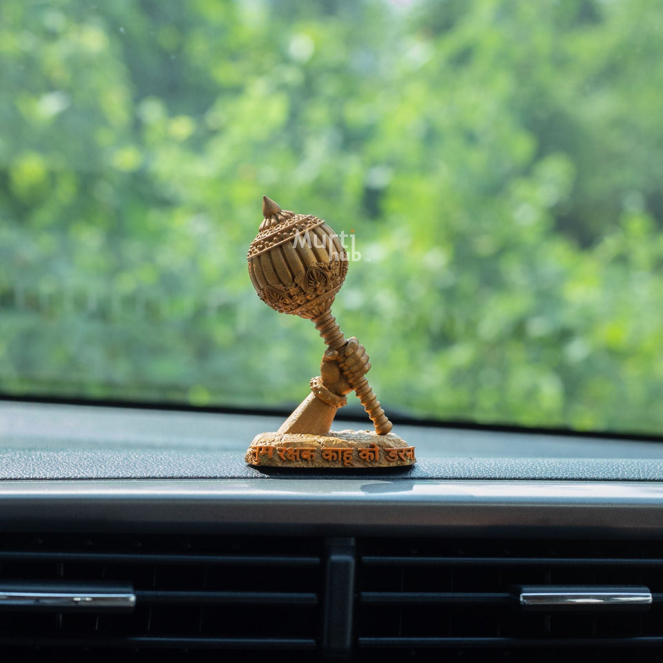 Hanuman Ji’s Gada — “Tum Rakshak Kahu Ko Darna” | Hand-Painted Idol for Car Dashboard