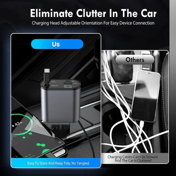 4 in 1 Retractable Car Charger - Super Fast Charging Dual USB Ports, Compatible with iPhone, iPad, Pixel, Tablets, Android Phones
