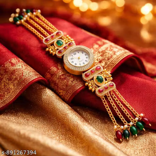 Luxury Gold Bracelet Watch for Women | Designer Ethnic Wrist Watch with Red & Green Stones | Traditional Indian Jewelry Watch | Festive & Wedding Wear Gift for Ladies