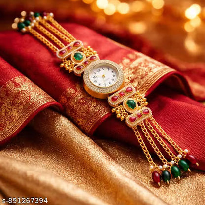 Luxury Gold Bracelet Watch for Women | Designer Ethnic Wrist Watch with Red & Green Stones | Traditional Indian Jewelry Watch | Festive & Wedding Wear Gift for Ladies