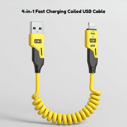 4-in-1 Fast Charging Coiled USB Cable | 65W Power | Universal Multi-Port Connector