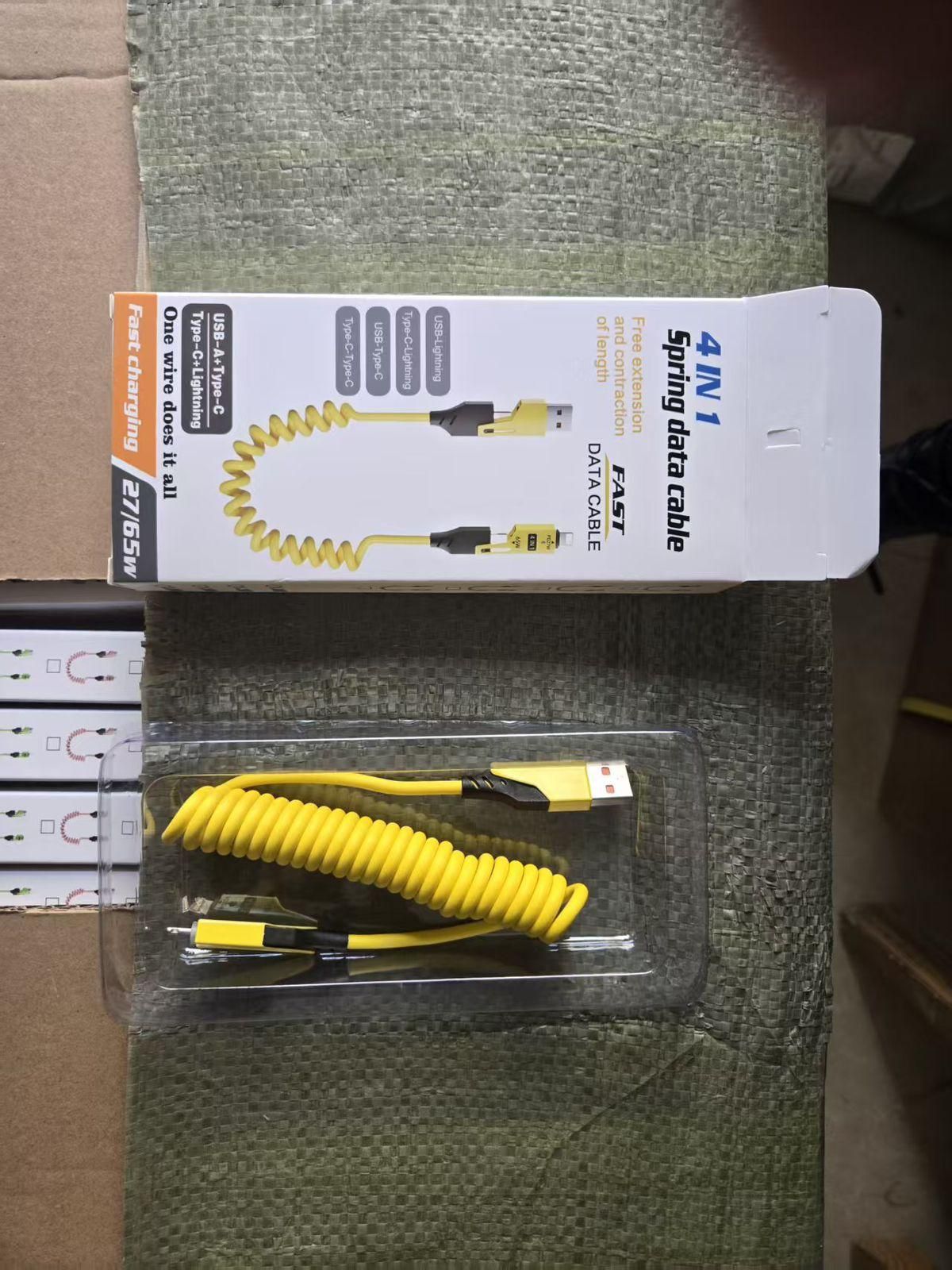 4-in-1 Fast Charging Coiled USB Cable | 65W Power | Universal Multi-Port Connector