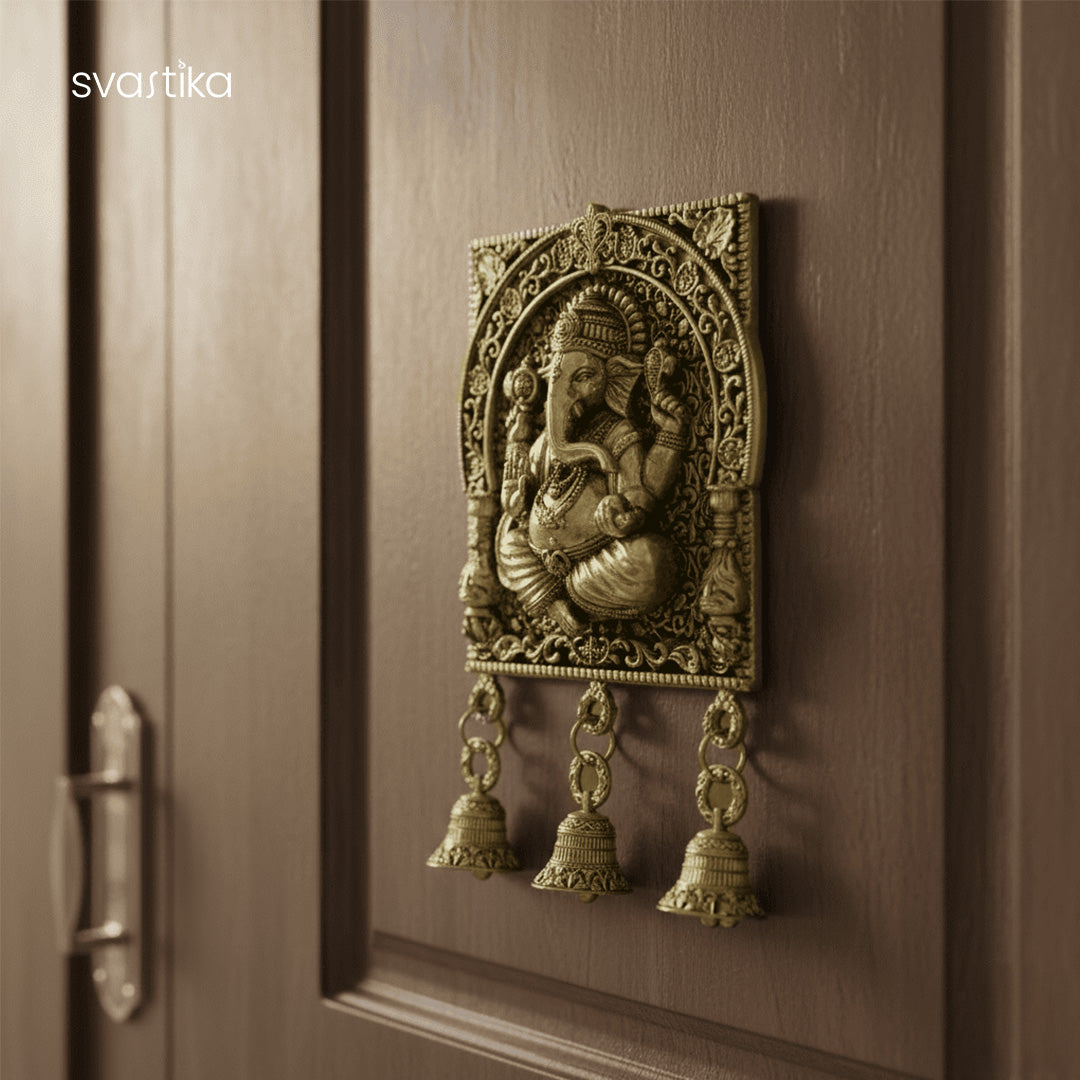Brass Ganesh Square Frame Latkan with Bells