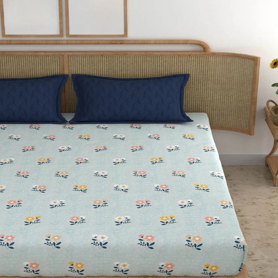 Blue Cotton Blend Elastic Fitted King Bedsheet with 2 pillow covers