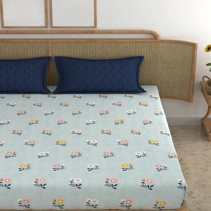 Blue Cotton Blend Elastic Fitted King Bedsheet with 2 pillow covers