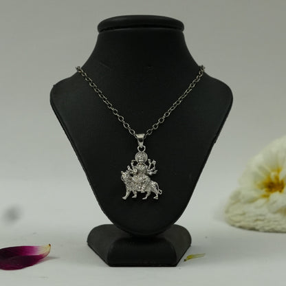 Divine Maa Durga Pendant in Brass with Silver Finish – Lion Design (Pendant Only)