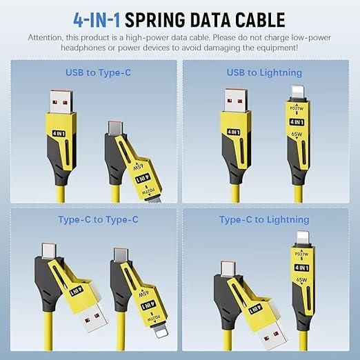 4-in-1 Fast Charging Coiled USB Cable | 65W Power | Universal Multi-Port Connector