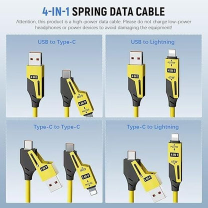 4-in-1 Fast Charging Coiled USB Cable | 65W Power | Universal Multi-Port Connector