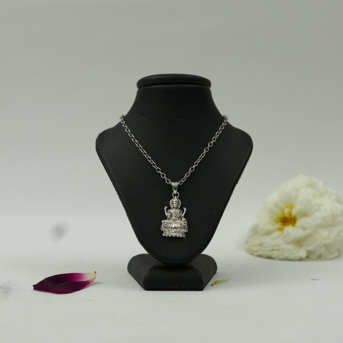 Divine Maa Lakshmi Pendant in Brass with Silver Finish – Lotus Design Pendant Only