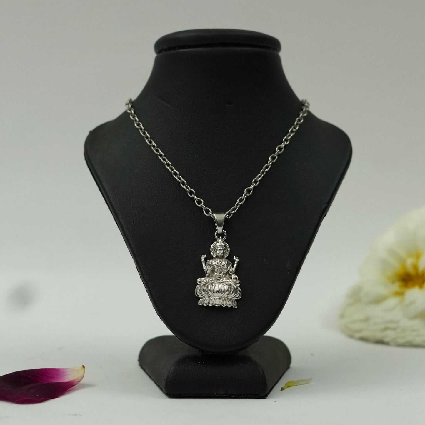 Divine Maa Lakshmi Pendant in Brass with Silver Finish – Lotus Design Pendant Only