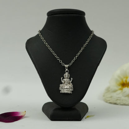 Divine Maa Lakshmi Pendant in Brass with Silver Finish – Lotus Design Pendant Only
