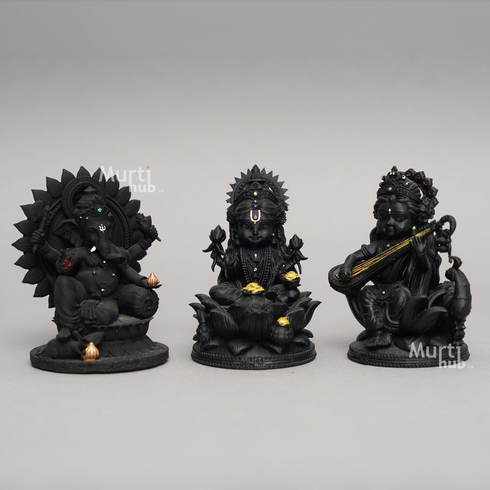 Baal Laxmi Ganesh Saraswati Idol Trio – Divine Dashboard Set for Prosperity, Wisdom & Auspicious Beginnings