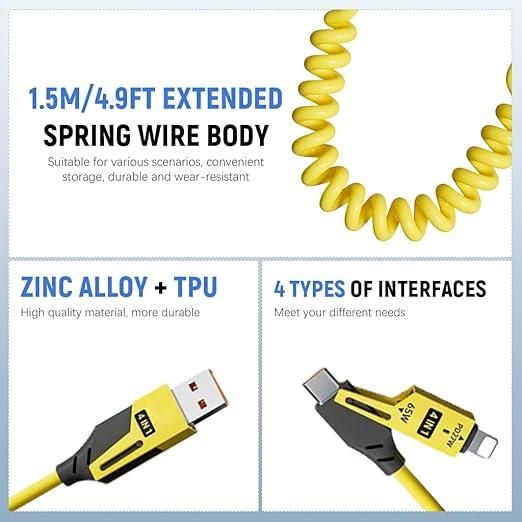 4-in-1 Fast Charging Coiled USB Cable | 65W Power | Universal Multi-Port Connector