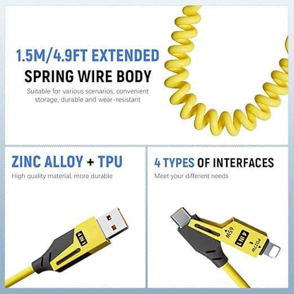 4-in-1 Fast Charging Coiled USB Cable | 65W Power | Universal Multi-Port Connector