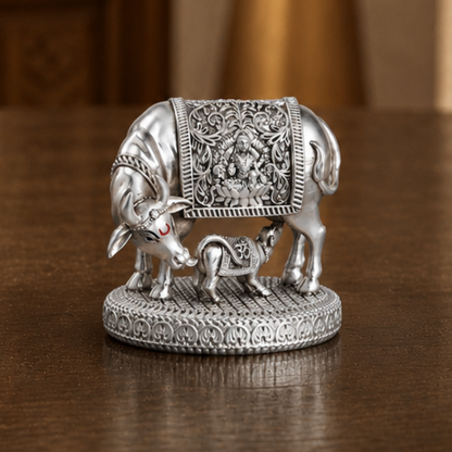 Silver plated  Kamdhenu Cow with Calf Idol
