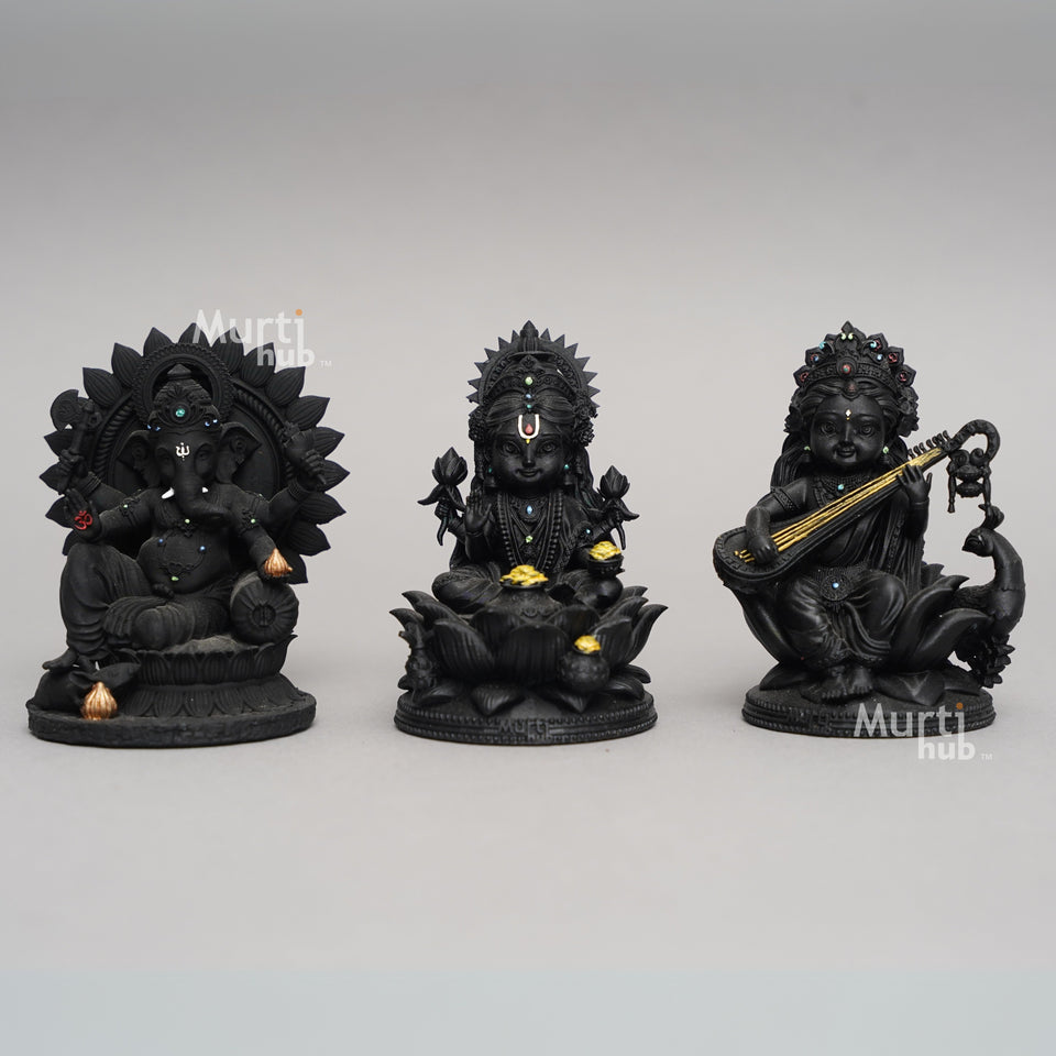 Baal Laxmi Ganesh Saraswati Idol Trio – Divine Dashboard Set for Prosperity, Wisdom & Auspicious Beginnings
