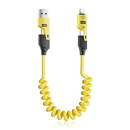 4-in-1 Fast Charging Coiled USB Cable | 65W Power | Universal Multi-Port Connector