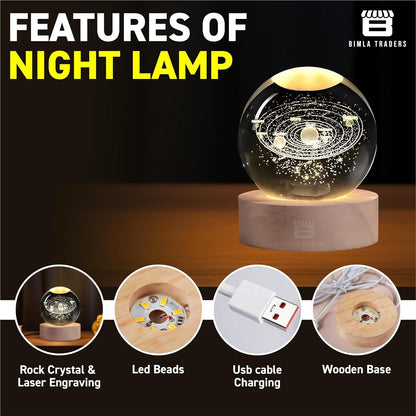 Solar System Crystal Night Lamp with Wooden Base & USB Charging