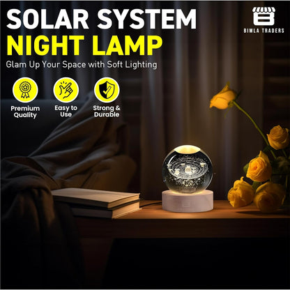 Solar System Crystal Night Lamp with Wooden Base & USB Charging