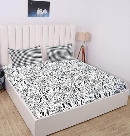 White Black Pattern Elastic Fitted Bedsheet King Size with 2 Pillow Covers