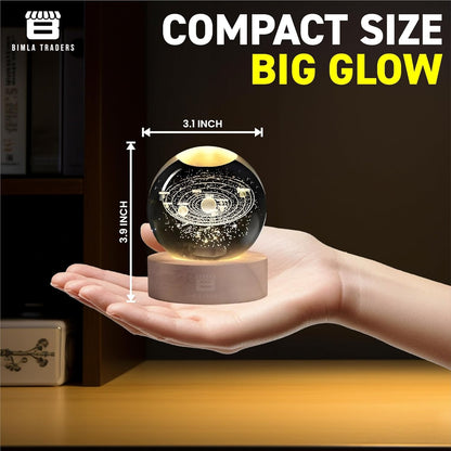 Solar System Crystal Night Lamp with Wooden Base & USB Charging