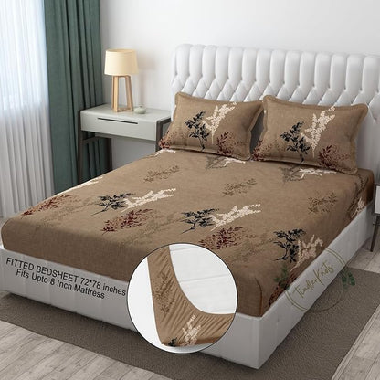 Brown Floral Cotton Blend King Size Fitted Bedsheet with 2 Pillow Covers